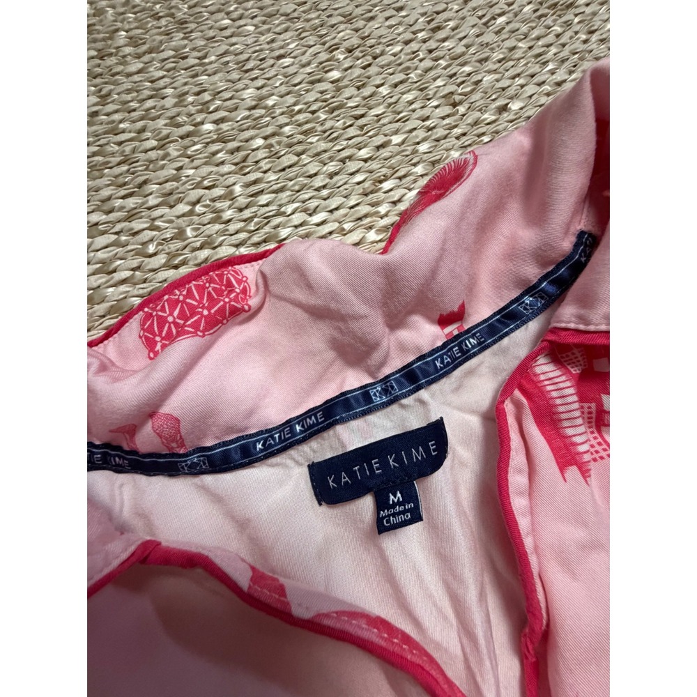 Katie Kime Dallas Toile Pajama Set Pink Short Sleeve Button Down Shorts Medium - Picture 2 of 7